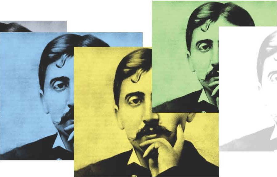 Drei farbig unterlegte Porträts von Marcel Proust